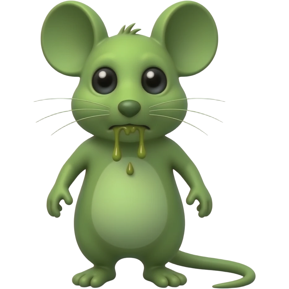 A small green mouse standing upright, with arms and legs shaped like a little person, staring at us with a disgusting and nauseating look, its mouth covered in vomit. The mouse’s body is entirely green. emoji