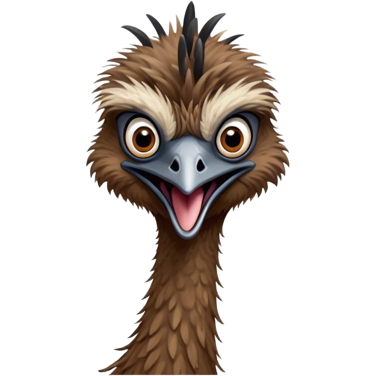 Cinematic Comical Emu Portrait Emoji, Head tilted dramatically with an exaggeratedly amused expression, featuring a striking, textured brown plumage with a comically small head and wide, expressive eyes full of playful disbelief, Simplified yet hilariously expressive features, highly detailed, glowing with a slightly sassy glow, high shine, dramatic yet playful, stylized with an air of cheeky outback mischief, bright and endearing, soft glowing outline, capturing the essence of a spirited and over‐the‐top emu, so meme‐worthy it feels like it could squawk its way into internet fame instantly! emoji