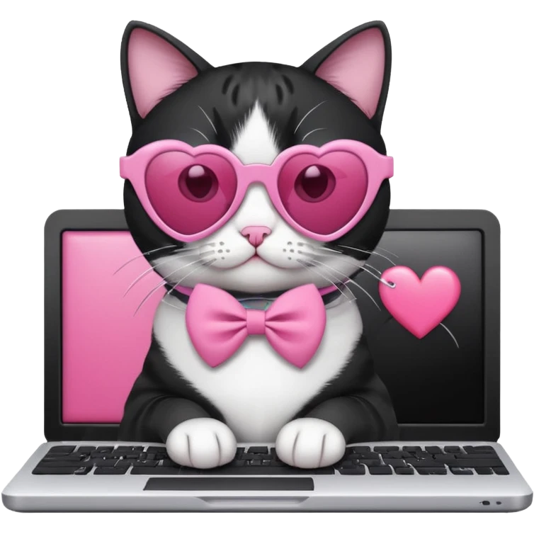 Black and white cat with pink ribbon and black cool sunglasses doing pink computer with pink heart emoji
