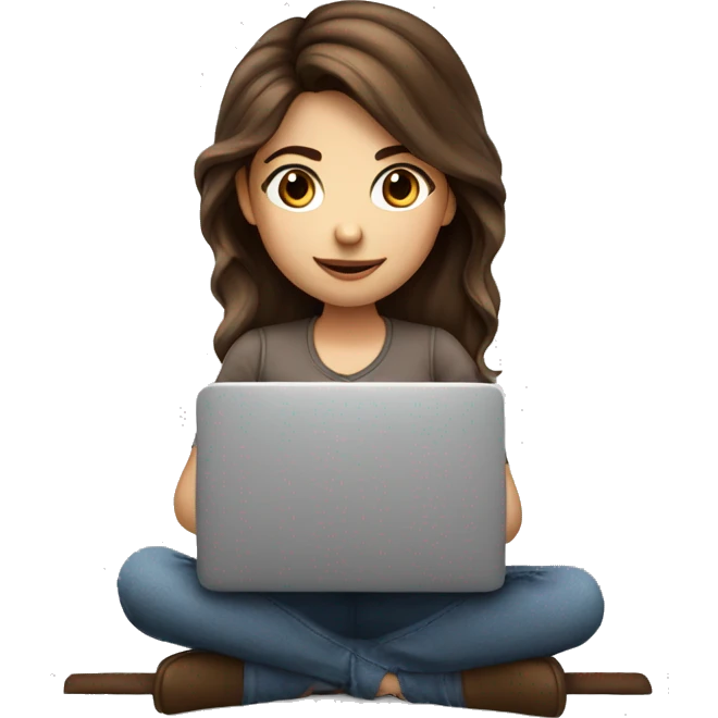 cute girl with brown hair working on laptop and drinking coffee emoji