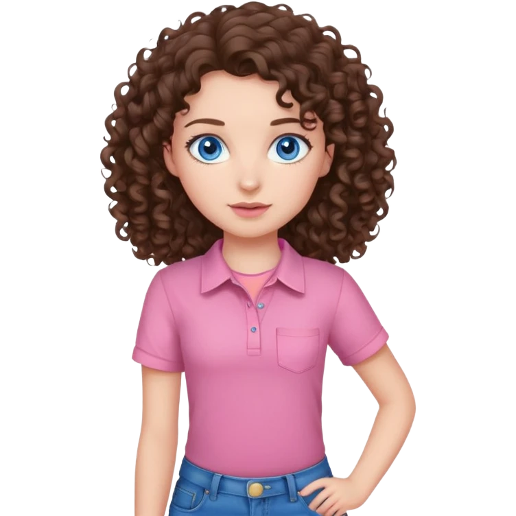 a girl with brunette curly hair blue eyes a pink shirt and jeans  emoji