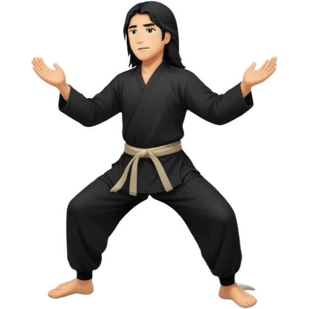 homme au cheveux long qui pratique le qi gong, en habits noirs ou blancs, qui pousse la montagne emoji