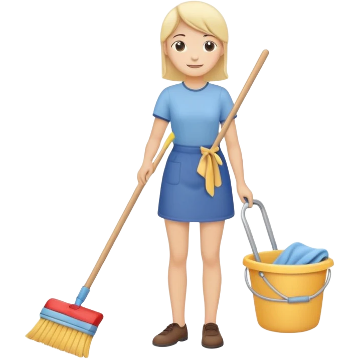 simplified human character calmly cleaning the room, holding a broom or cloth, relaxed smile, peaceful everyday routine, flat custom emoji sticker, soft pastel colors, rounded shapes, minimal details, thick outline, white background, no text emoji