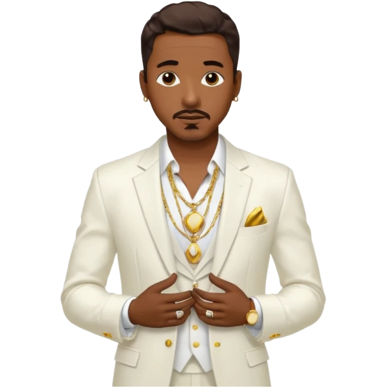 Ralph Tresvant with dark brown hair, white suit jacket, shirtless with necklace emoji