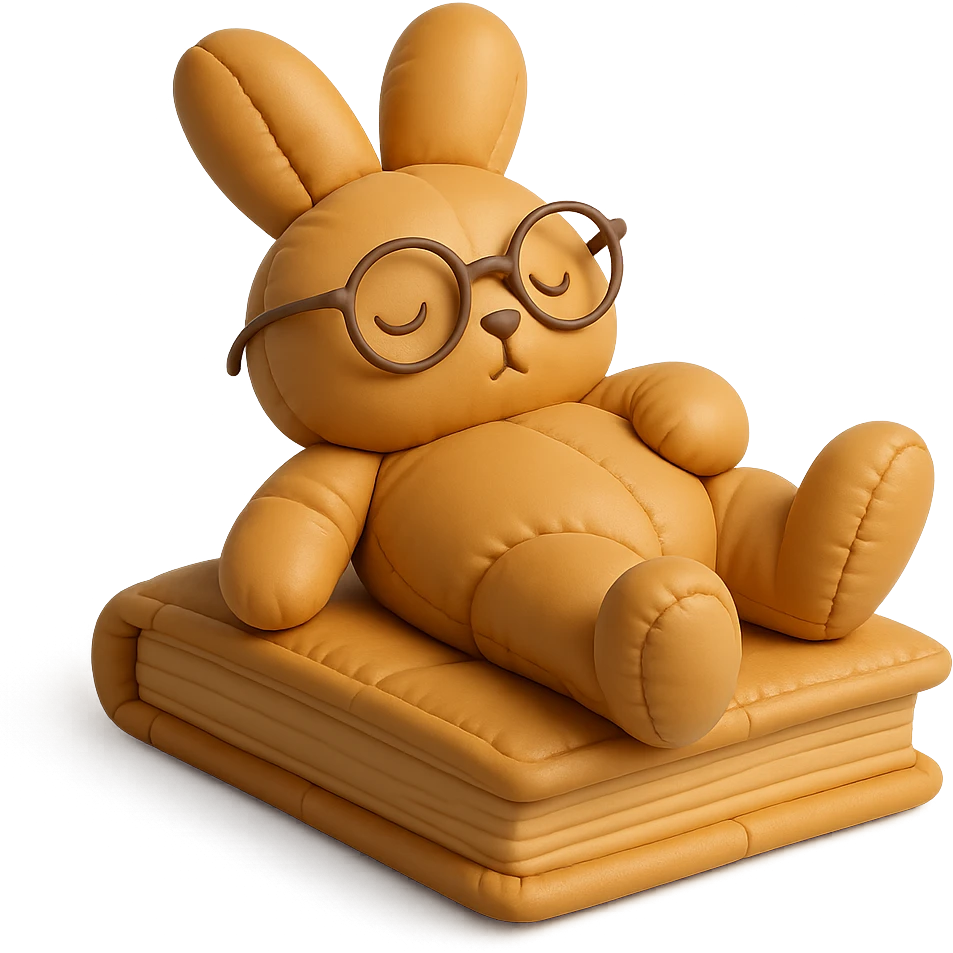 full-body biscuit bunny lying on a book with slipping glasses, cushion style emoji