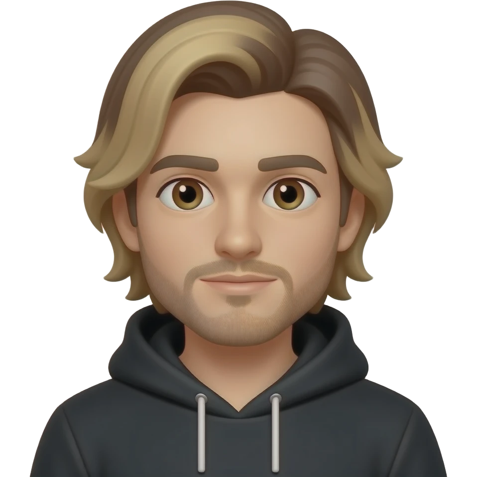 Cute emoji headshot of a young man, light skin, long middle-parted brown hair with blonde ends, thin mustache, brown eyes, slim face, neutral calm expression, wearing a black hoodie. Clean vector emoji style, rounded shapes, simplified features, centered portrait, soft shading, white background. emoji