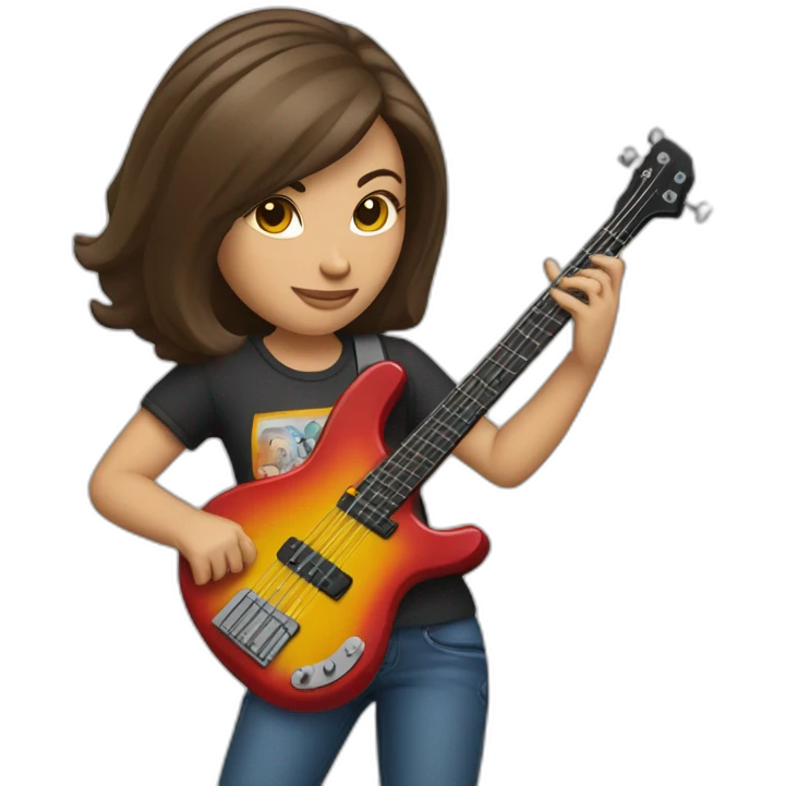 White brunette in t-shirt playing four string electric bass guitar emoji