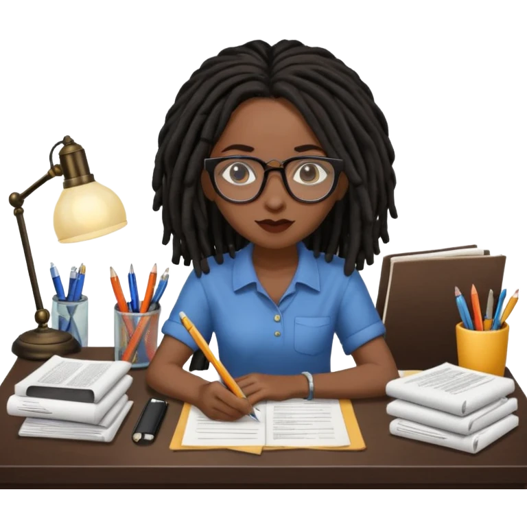 Black female with dark dreadlock hair and large round glasses with a desk full of papers emoji