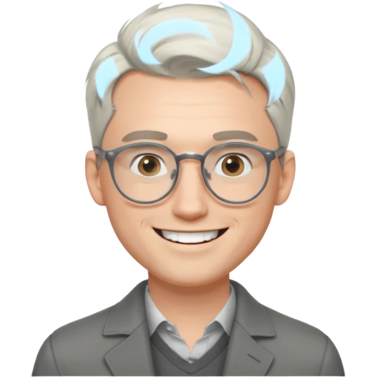 30 yr old pale white man, white/grey side swept stylish hair, round glasses, big smile, white teeth, handsome, longer hair, thin glasses,  smooth forehead, open collar, trendy emoji