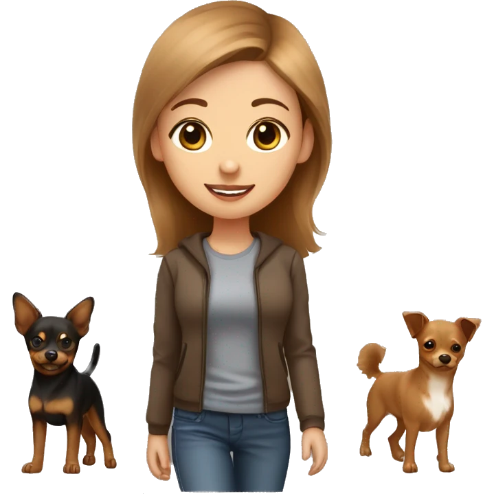 A light brown haired girl, walking a miniature Pinscher and a light brown Finnish lapphund emoji