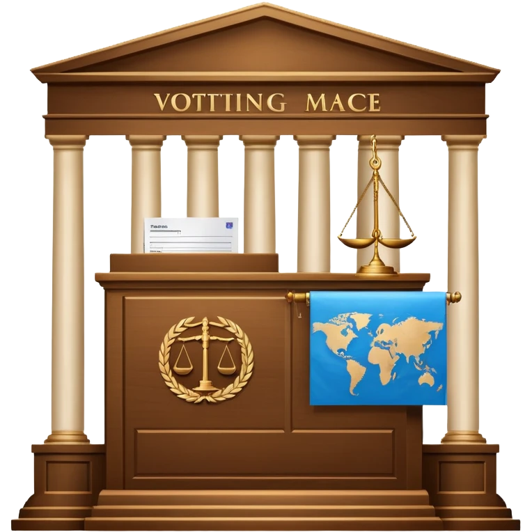An icon featuring a ballot box with a voting paper, a government building with columns, and a scale of justice, symbolizing political science. The design includes a world map in the background, representing global political systems. Transparent background highlights governance and civic studies. emoji