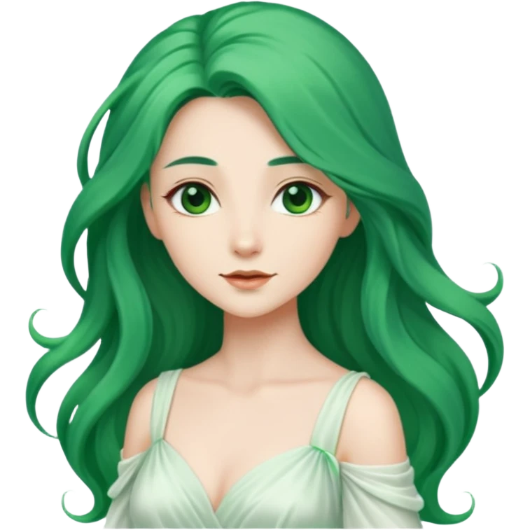 Woman with Long Emerald Hair – flowing green hair, elegant look, white dress emoji