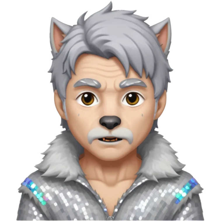 The Werewolf with grey hair and fur, white sequin outfit emoji