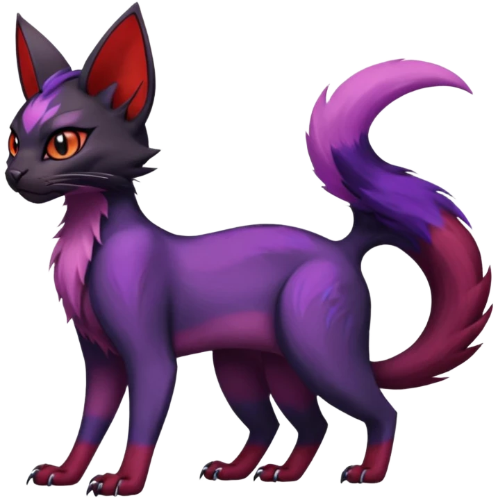 Black edgy Noivern-Noibat-Purloin-Torracat-Lykoi-Caracal-cat-Fakemon-fusion-hybrid-creature with violet and red scale markings emoji