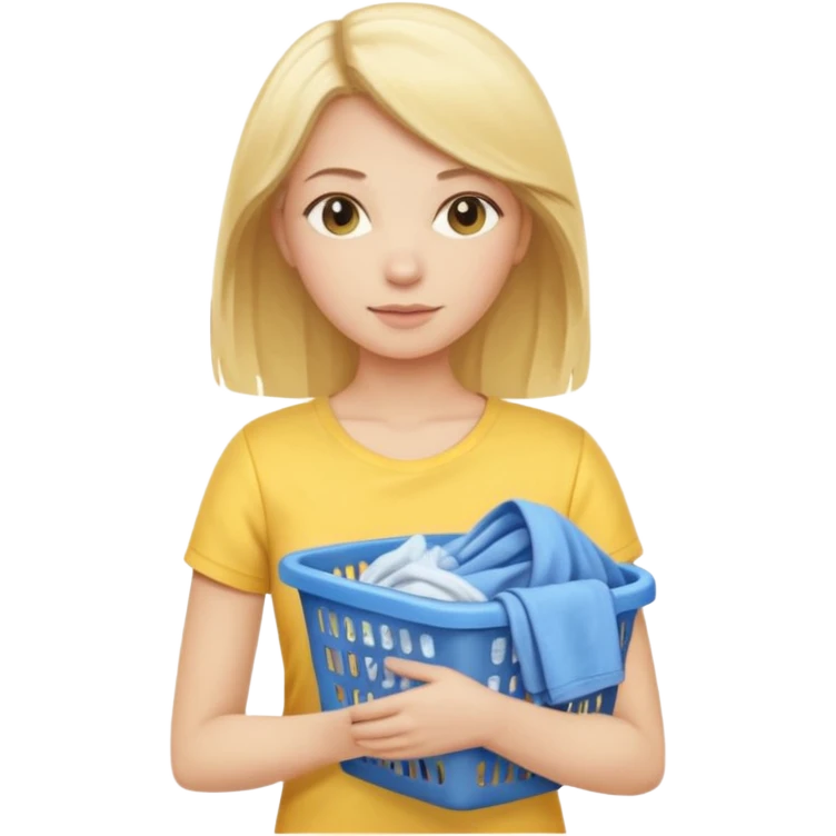 Blond lady shoulder length hair wearing yellow shirt holding blue laundry emoji