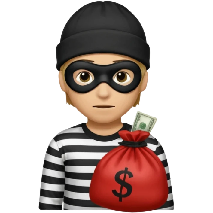 robber wears black eye mask, black beanies and black and white stibes shirt with one brown money bag beside him emoji