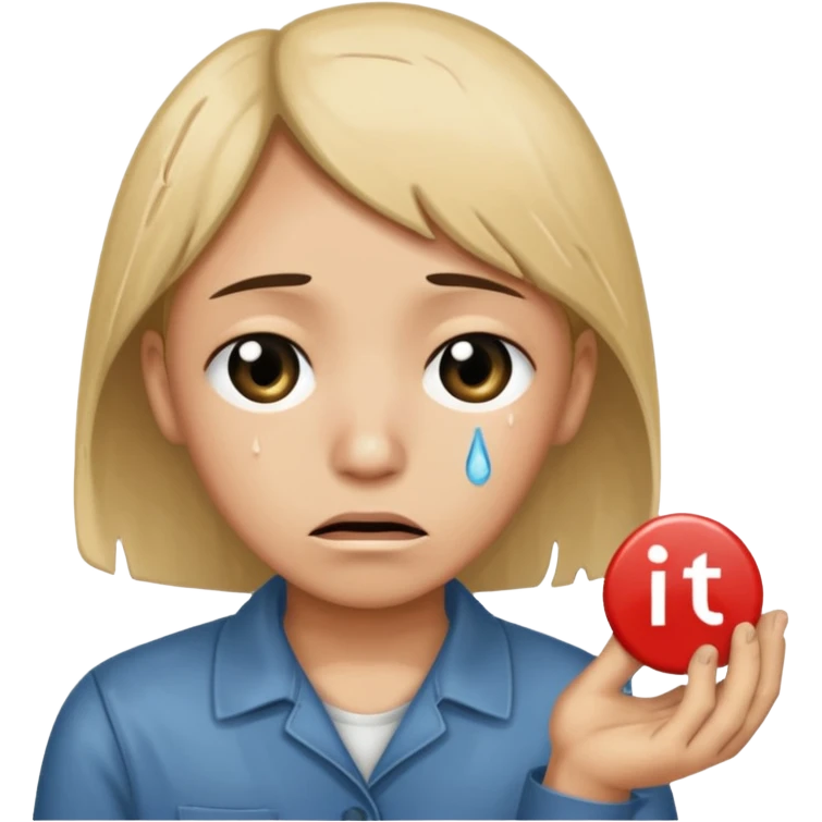 Face with tears holding a button saying its time for the world to end emoji