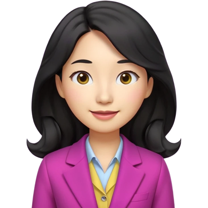 Ultra cute 3D emoji of a Korean woman, long wavy black hair, big brown eyes, small nose, warm smile, smooth pastel skin, wearing a magenta blazer over a dark top, on a solid lemon yellow background. Clean Pixar-style, soft lighting, simple shapes, no text, no background objects, high resolution. emoji
