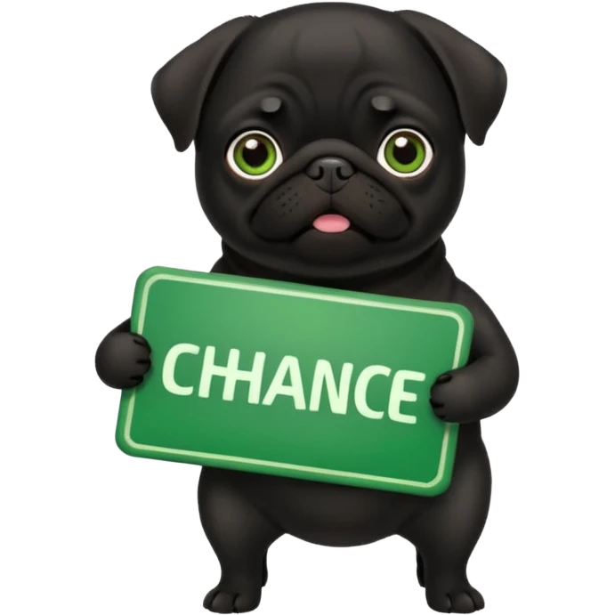 black pug holding a green sign with the text 'Chance' emoji