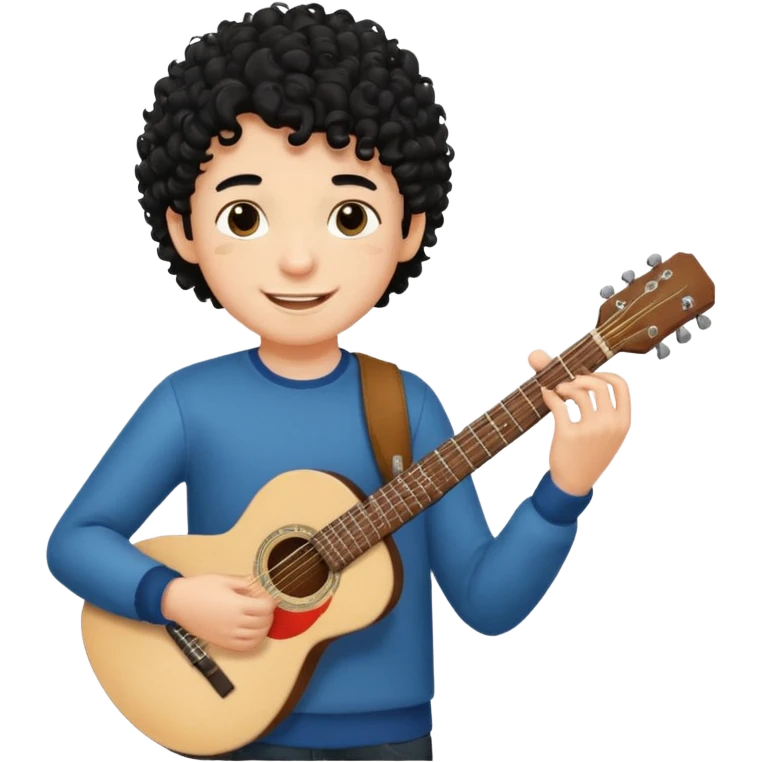 A boy with black curly hair Smiling and holdijg a guitar  emoji