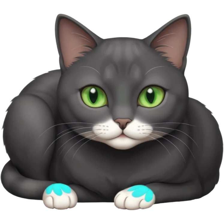 beautiful female solid dark grey cat with green eyes, white toes/paws and white patch on her chest lying down emoji