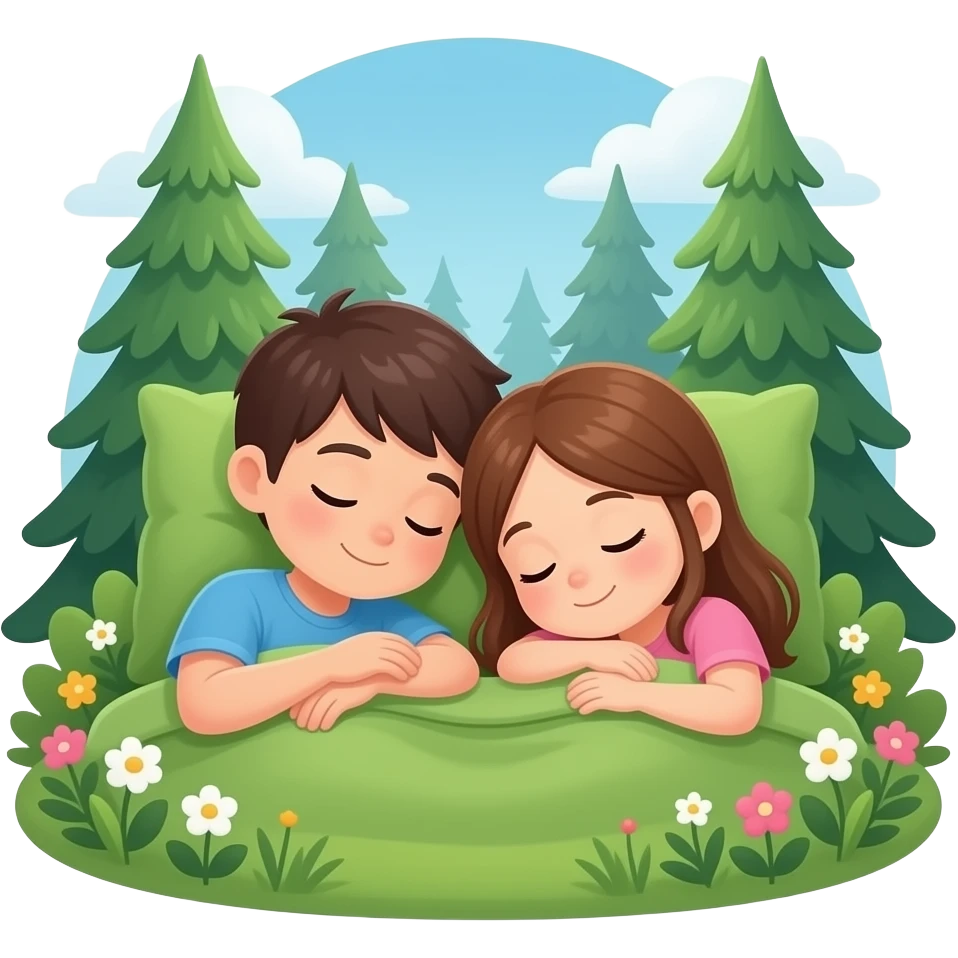 un niño y una niña que son hermanos durmiendo en el bosque emoji