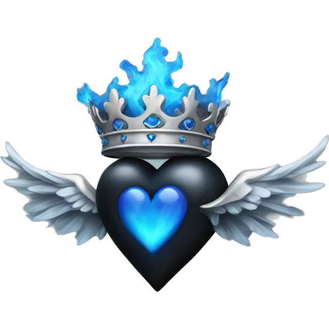 Black colored heart with wings and blue flames and a silver crown emoji