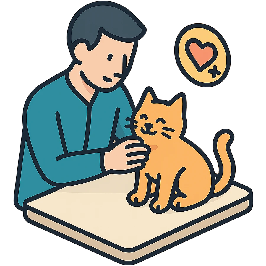 мужчина проверяет кошку, чтобы она была здорова и счастлива emoji