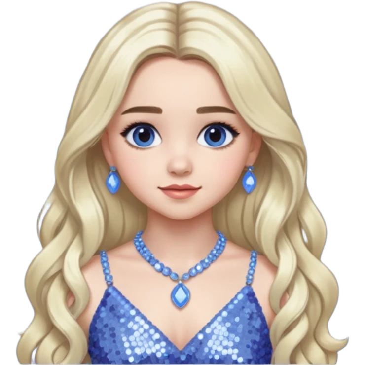 Sabrina Carpenter with long platinum blonde hair, periwinkle sequin dress and necklace emoji