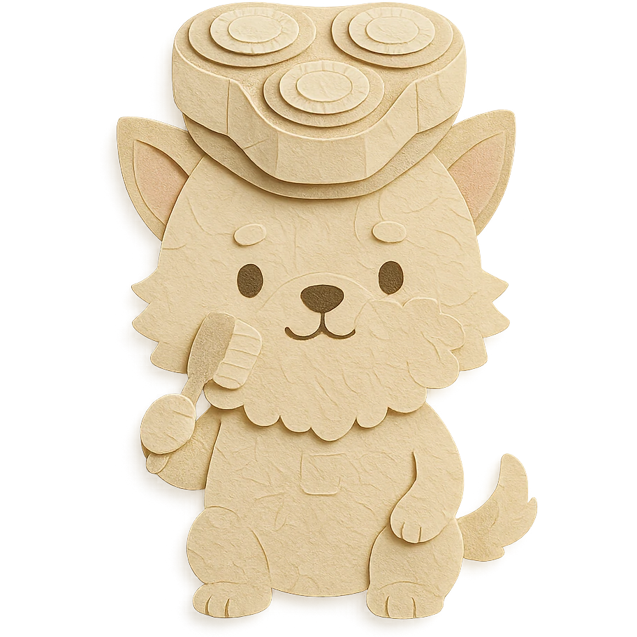 chibi electric shaver-dog hybrid brushing its fuzzy face, creamy beige pastel, full-body emoji