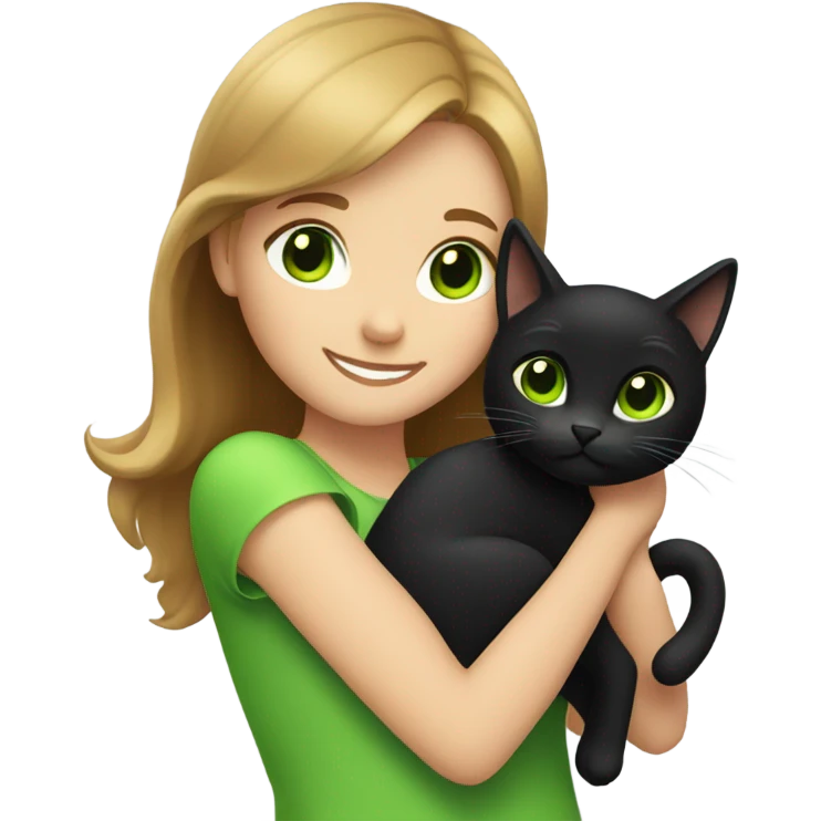 Girl with light brown hair hugging a black cat with green eyes emoji