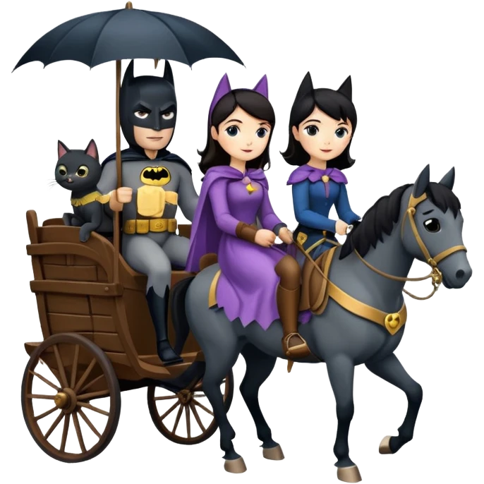 Rustic wood detailed 1854 Batman driving and pretty dark-haired Catgirl riding a horse drawn family-size Caravan alone together on a romantic trail in the woods  emoji
