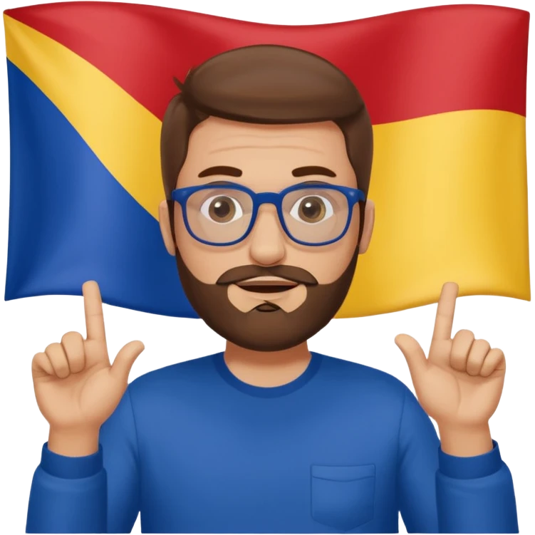 A brown-haired man with a designer stubble beard and rectangle glasses. He pose to show him shrugging - raise both shoulders up in a "I don't know" gesture, In the background the Romania flag. emoji