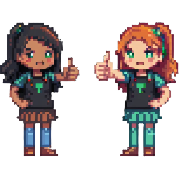 Girl with one hand giving thumbs up and the other hand giving thumbs down, showing mixed feelings emoji