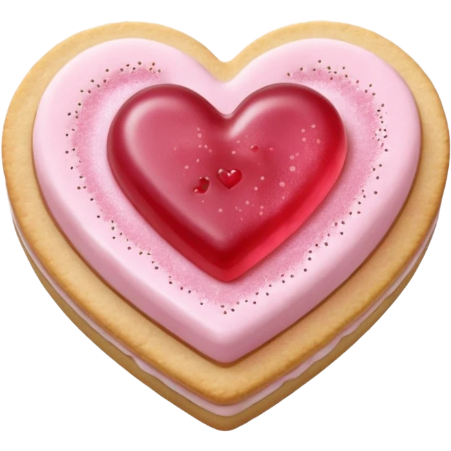 Realistic shortbread cookie in the shape of a heart with pale pink jelly middle filling and sprinkled powder sugar on top. emoji