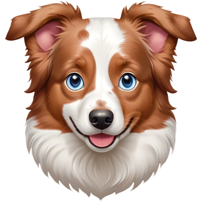 Cinematic Cute Predominantly White Red Merle Australian Shepherd Portrait Emoji, Head tilted playfully and inquisitively, predominantly white fur with vibrant red merle patches, round, sparkling blue eyes filled with curiosity, Simplified yet irresistibly adorable features, highly detailed, glowing with a warm, friendly glow, high shine, affectionate and lively, stylized with a touch of whimsy, bright and endearing, soft glowing outline, capturing the essence of a mischievous yet loving pup, so playful it feels like it could bound out of the screen and into your arms! emoji