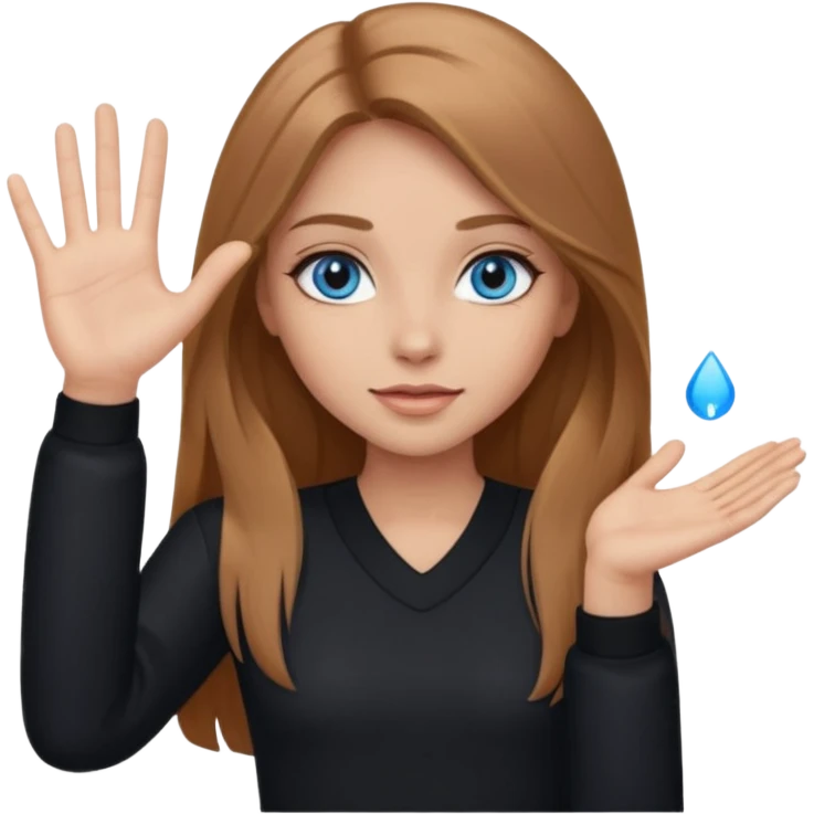 A girl with makeup, long light brown hair, blue eyes, with her palm up. with black clothes emoji