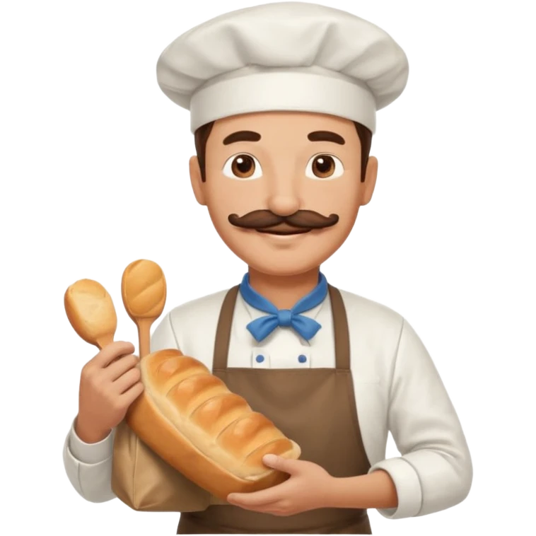 Middle aged male pastry chef - with a mustache, apron, white hat, holding a bag of bread emoji