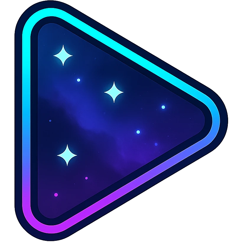 play icon, modern clean triangle with neon border and glowing effect, dark purples blues blacks base, nebula gradients, small bright stars, specular highlights, luminous look emoji