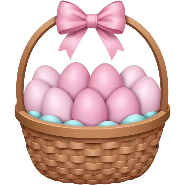 white basket full of light pink easter eggs with a light pink bow at the center emoji