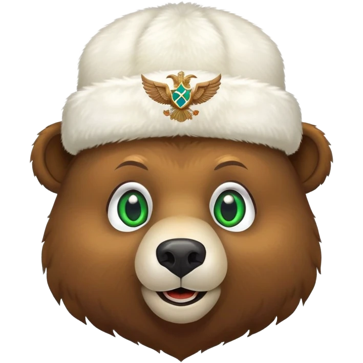Smiling brown bear face with vivid green eyes, wearing traditional white ushanka hat featuring double-headed eagle emblem, Russian style emoji