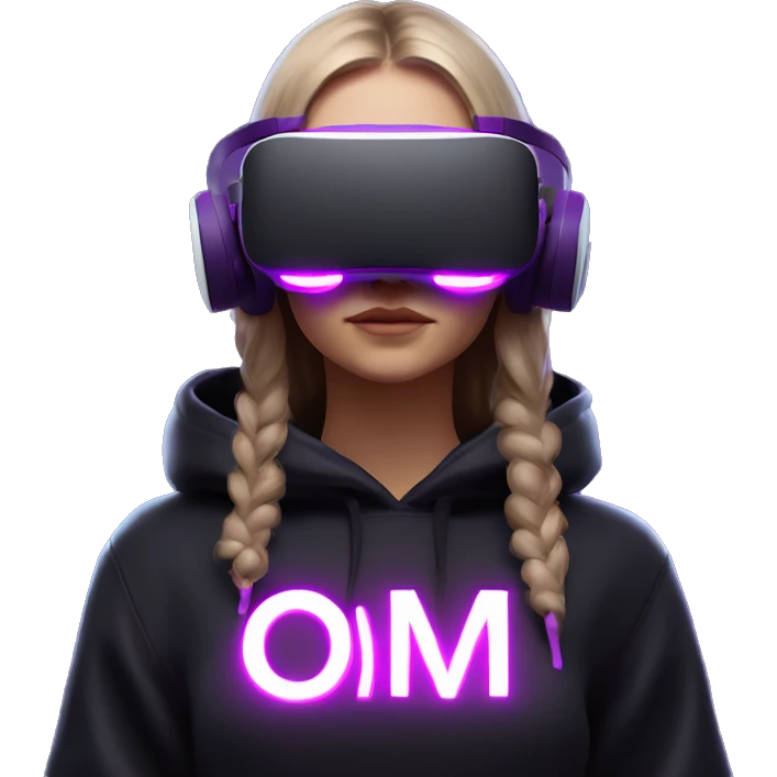 Russian girl wearing black hoody with violet letters "OMG", in vr headset oculus quest2. Standing like jedi. Cyberpunk style. Violet neon. emoji
