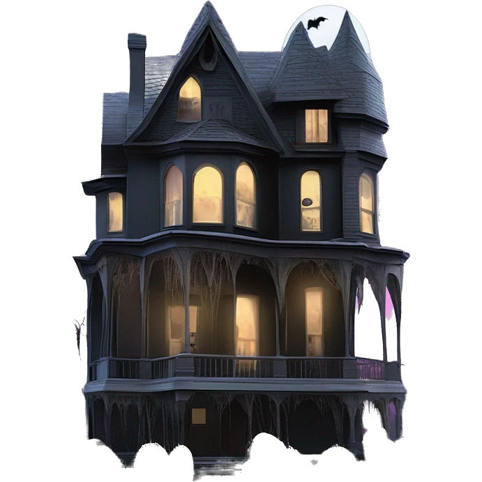 Barbie’s and Batman’s 6 story tall very haunted dream house with complete wrap-around porch and spider webs everywhere and some broken windows and boards  emoji