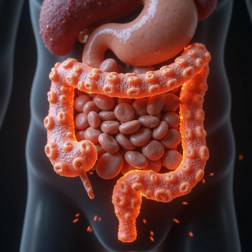 hyperrealistic inflamed intestinal microbial flora with altered bacteria and fungi due to excess sugars, 4K, transparent background emoji