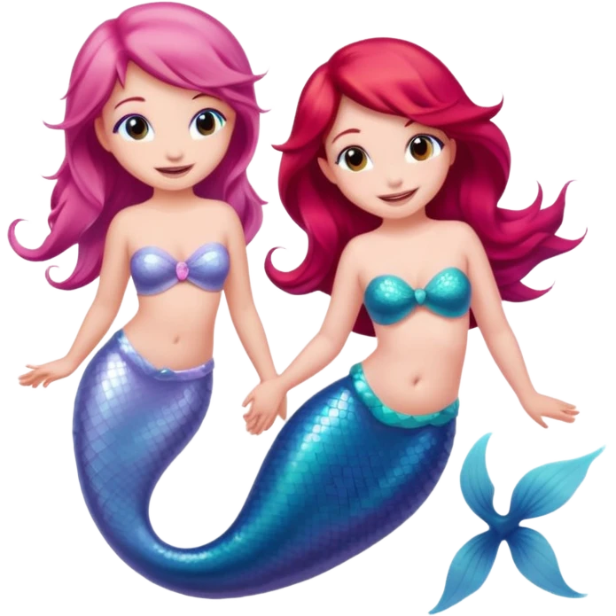 Cute iOS-style emoji of a pastel pink dolphin and a red-haired mermaid, smiling at each other. 
Simple vector emoji design, bold outlines, soft gradients, glossy look, centered, white background. emoji