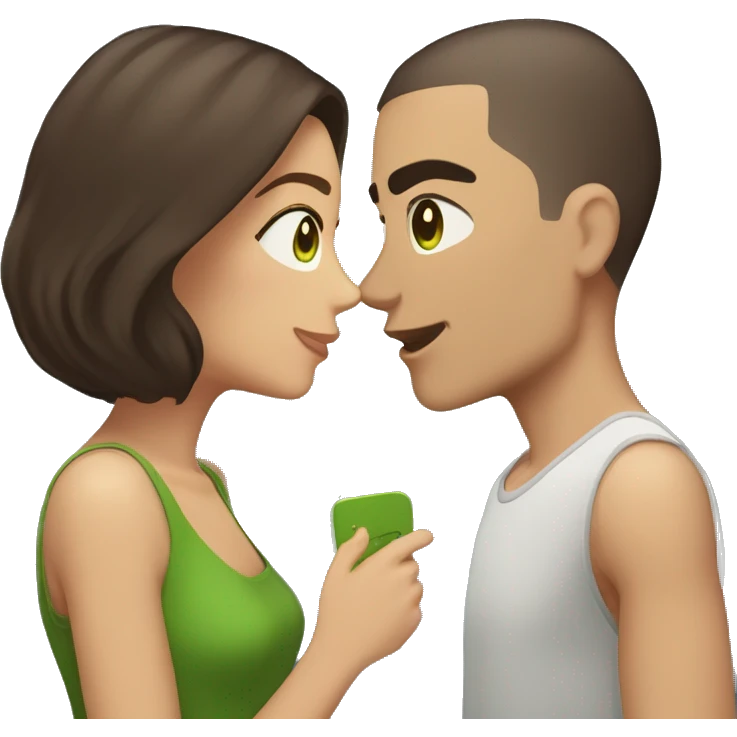 Buzz cut brown hair guy with green eyes kissing girl with dark brown hair and brown eyes emoji