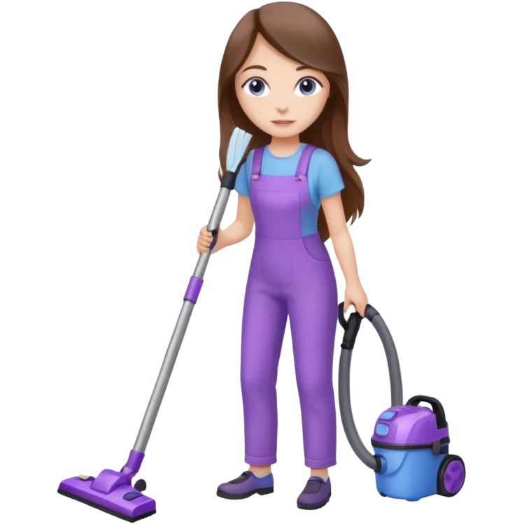 beautiful girl with long brown hair, blue eyes and wearing light purple clothes, cleaning and vacuuming emoji