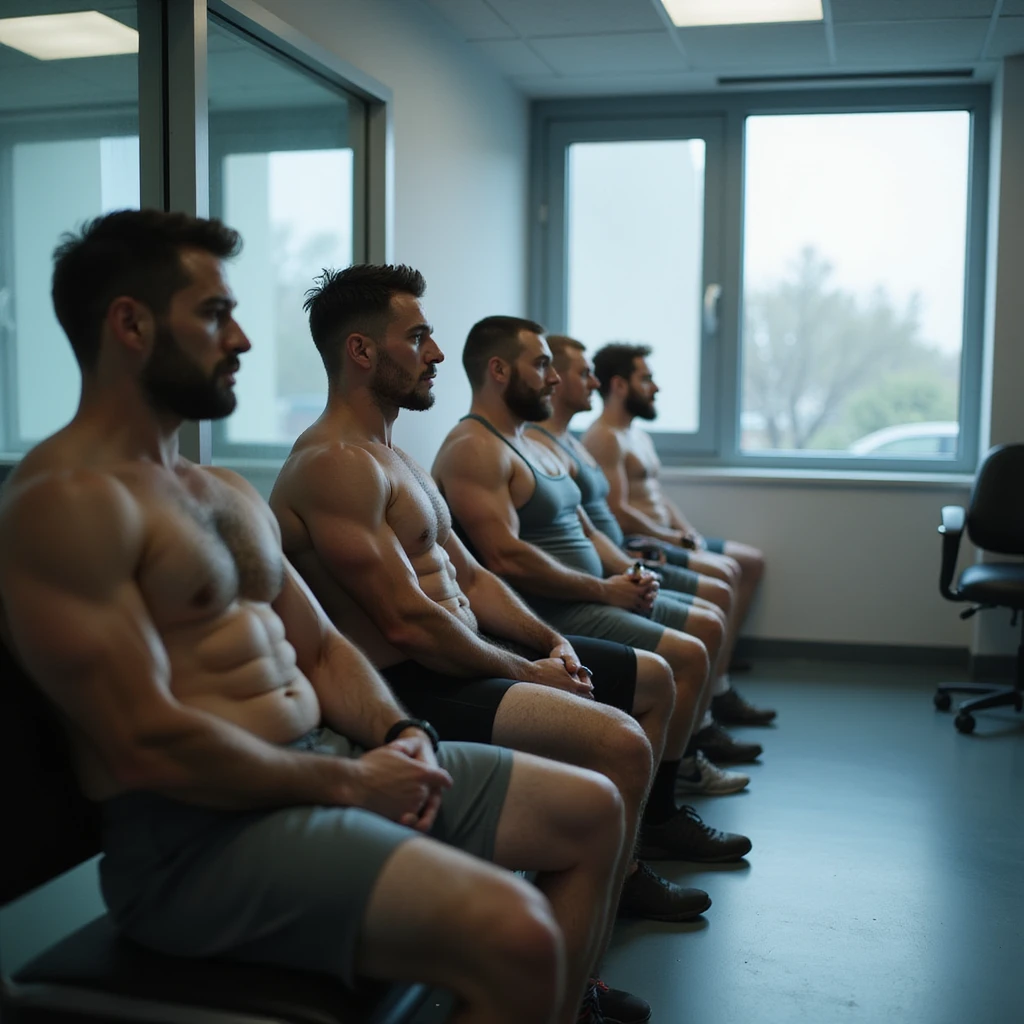 group of muscular athletes in gym clothing waiting for their turn for blood tests in a modern clinic, realistic atmosphere, hyperrealistic 4K details, clinical environment emoji