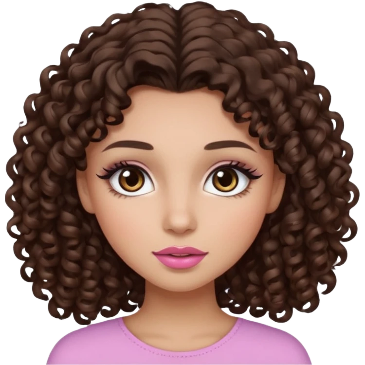 girl with curly long dark brown hair, brown eyes, light to medium complexion, long lashes, almond shaped eyes, light pink lipstick emoji