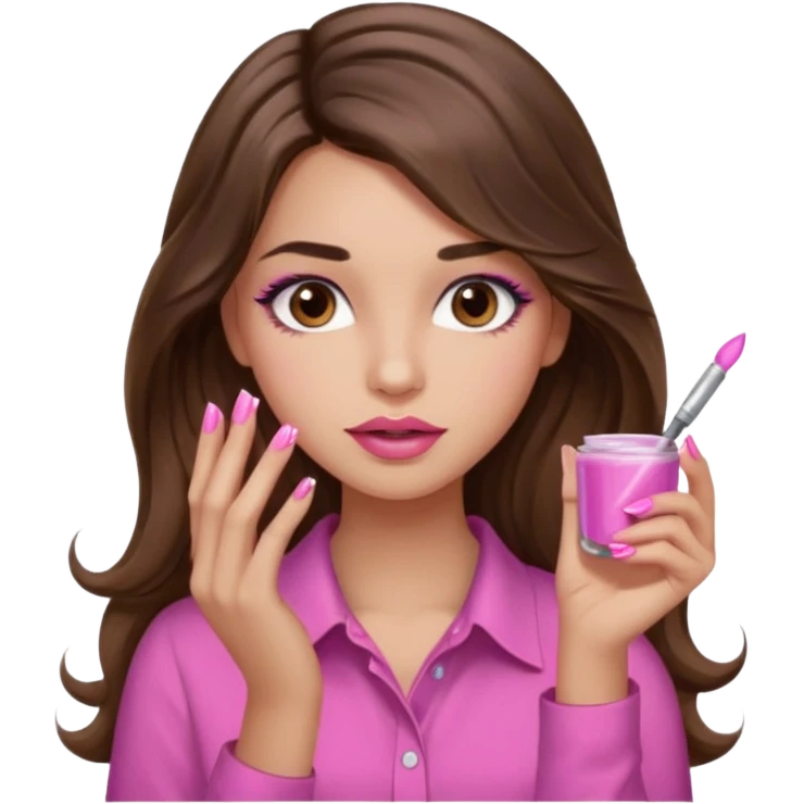 girl with long wavy brown hair, brown eyes, light to medium complexion, in a pink shirt, pink lips, long lashes, puckered lips,  painting long nails emoji